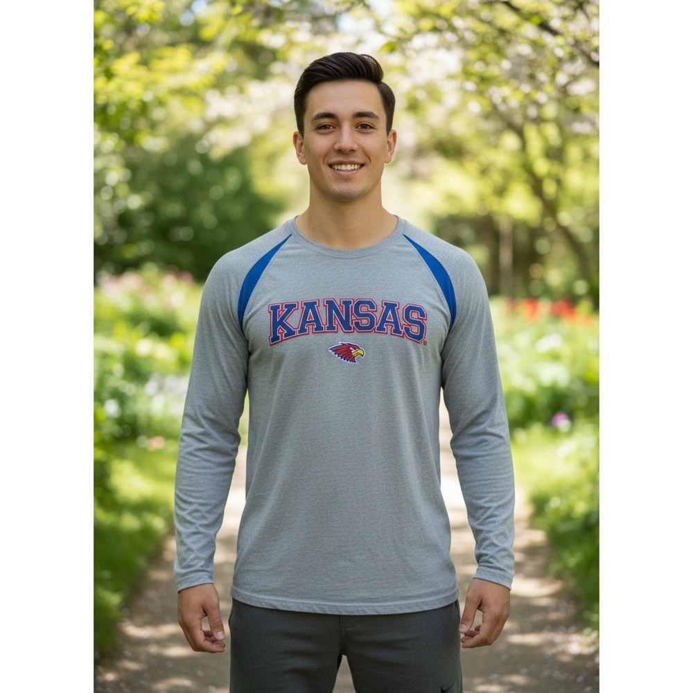 NCAA‎ Kansas Jayhawks Long Sleeve T-Shirt Heather Grey Blue Raglan Mens XL